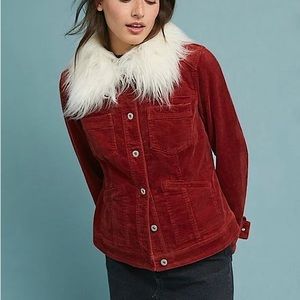 NWT Anthropologie Women's Pilcro Corduroy Removable Faux Fur Collar Red Jacket